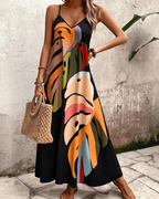 Rosalind Women's Leaf Print Dress – V-Neck Sleeveless Boho Summer Beach Dress