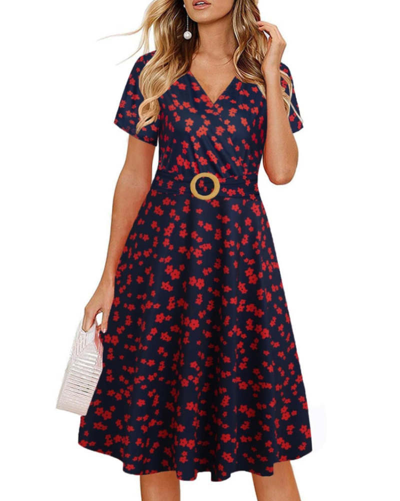 Natalie Women's Midi Dress – Deep V-Neck Short Sleeve Dress with Pockets