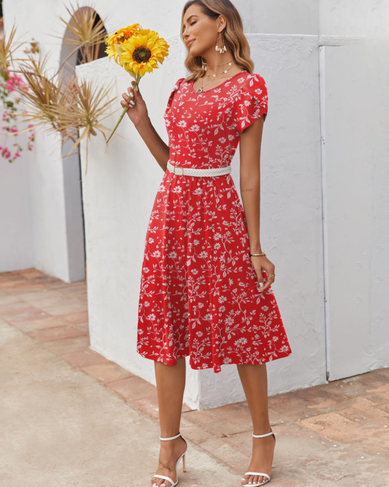 Emma Women's Midi Dress – A-Line Short Sleeve Summer Dress with Pockets