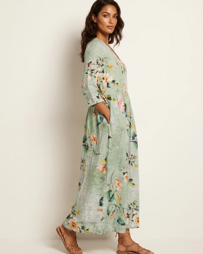 Rosalind Women's Floral Maxi Dress – V-Neck Flowy Summer Dress with Pockets