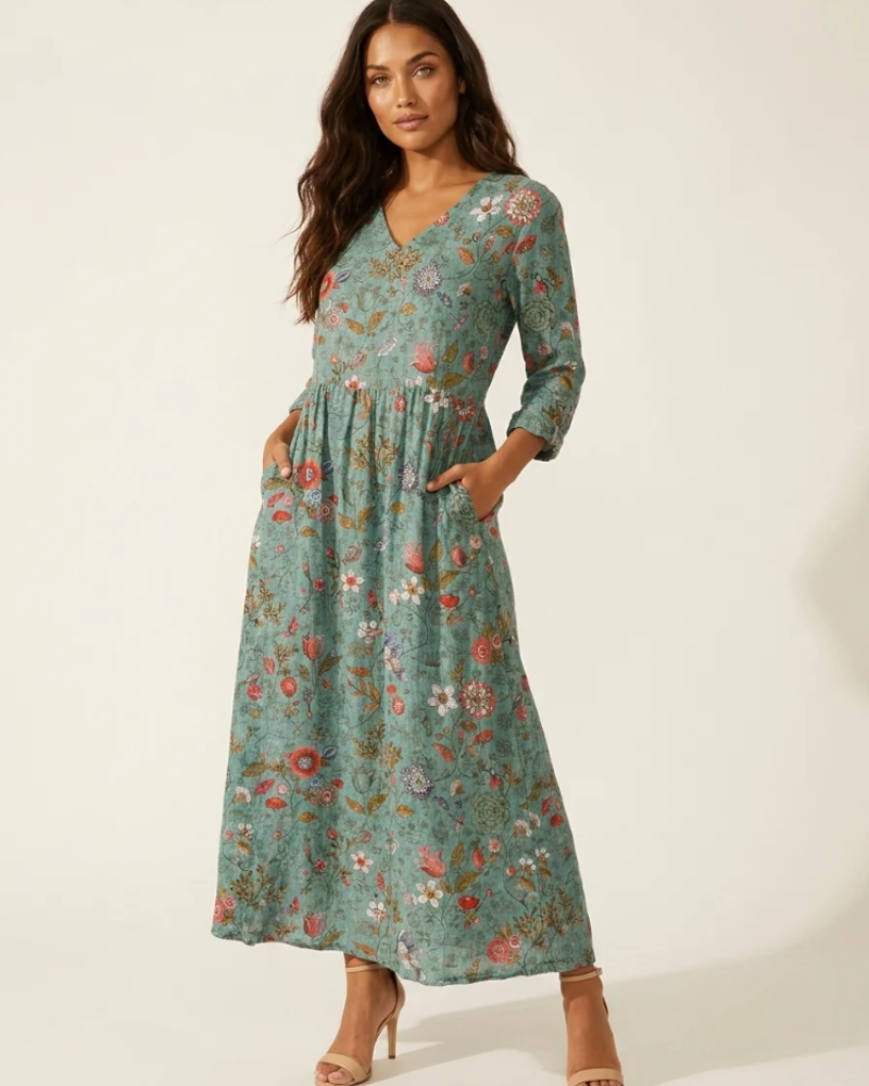 Rosalind Women's Floral Maxi Dress – V-Neck Flowy Summer Dress with Pockets