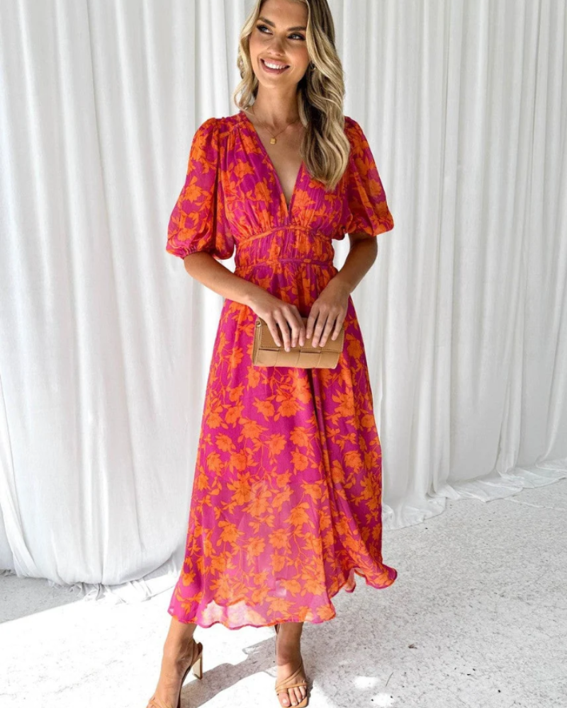 Rowena Women's Floral Maxi Dress – V-Neck Elegant Wedding Guest Occasion Dress