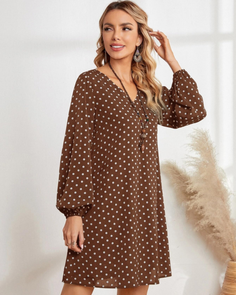 Helena Women's Polka Dot Mini Dress – Long Sleeve V-Neck Casual Spring Dress