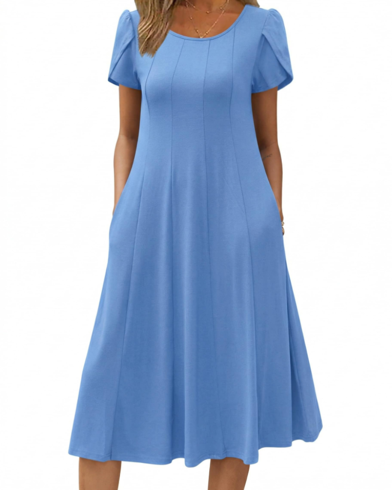 Emma Women's Midi Dress – A-Line Short Sleeve Summer Dress with Pockets