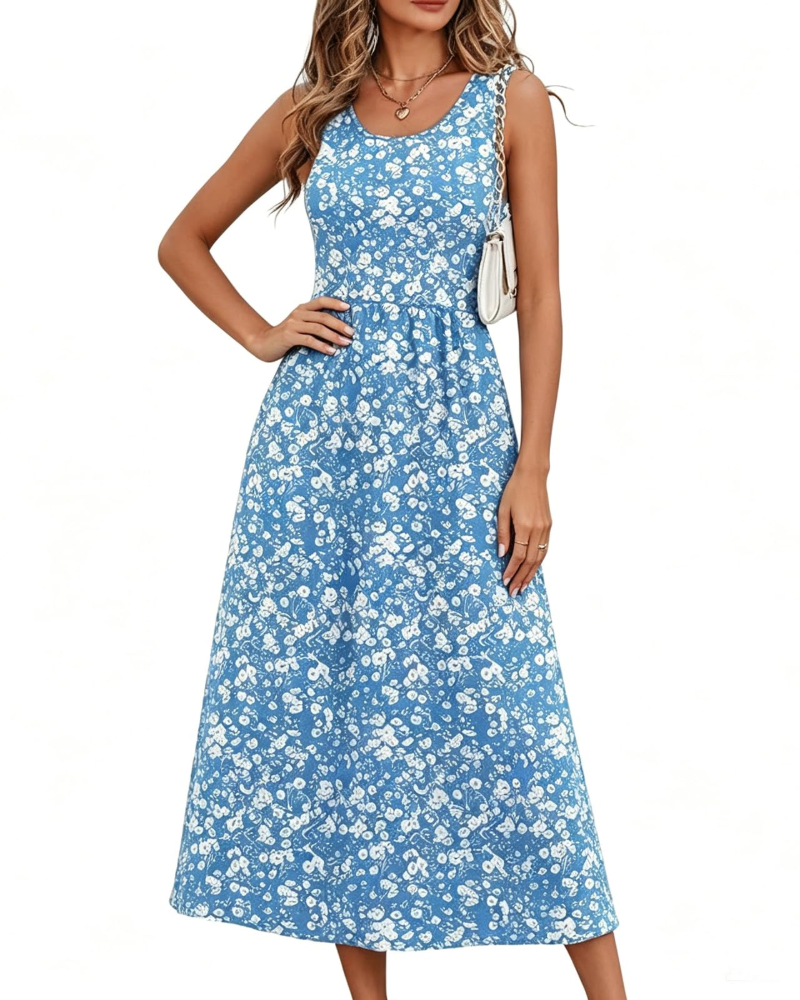 Geneva Women's Floral Midi Dress – V-Neck Short Sleeve A-Line Summer Dress