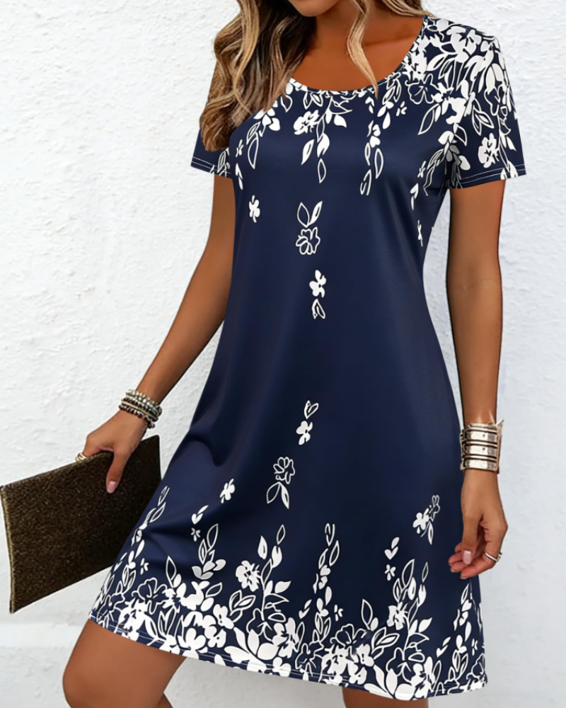 Imogen Women's Printed Midi Dress – Short Sleeve Round Neck Casual Summer Dress
