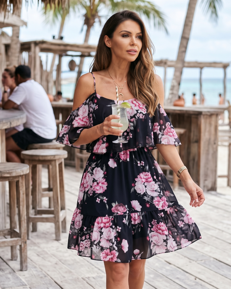 Evelyn Women's Floral Mini Dress – Off Shoulder Summer Dress with Ruffle Hem