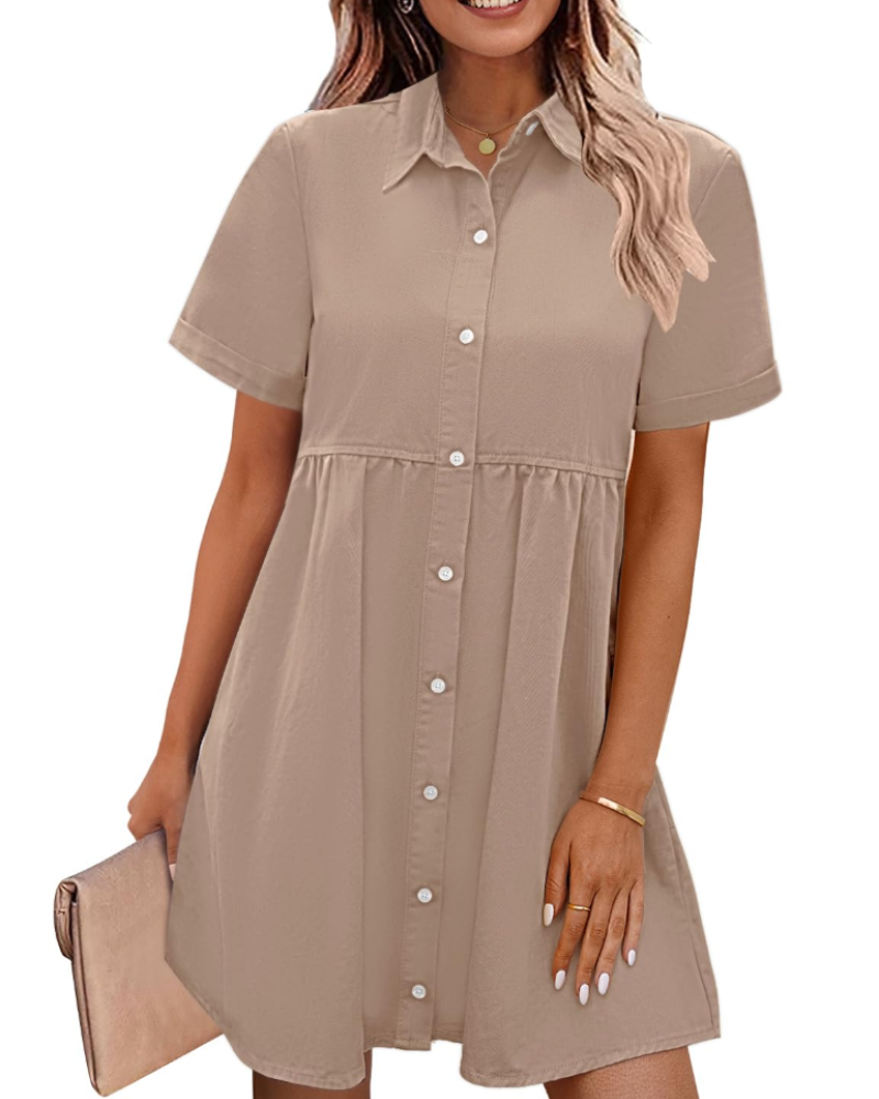 Emma Women's Denim Shirt Dress – Babydoll Button Down Tiered Jean Dress