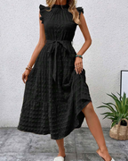Corinne Women's Eyelet Dress – Stand Collar Belted A-Line Summer Dress