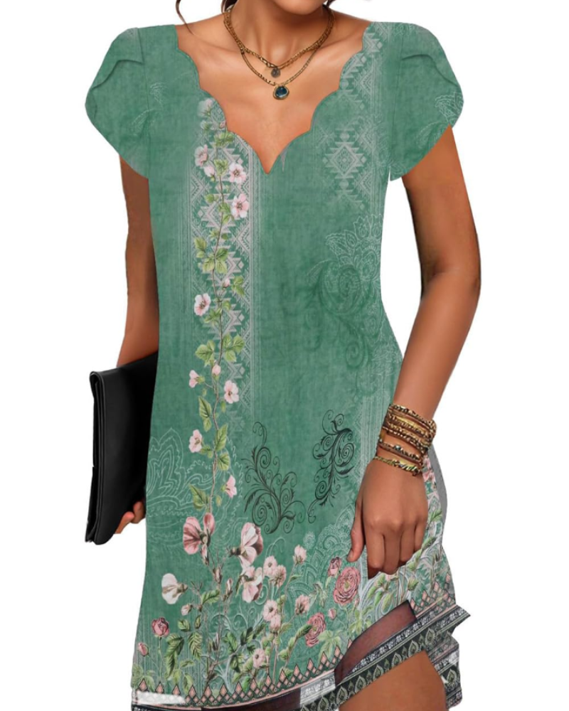 Yana Women's V-Neck Mini Dress – Casual Printed Summer Tunic with Short Sleeves