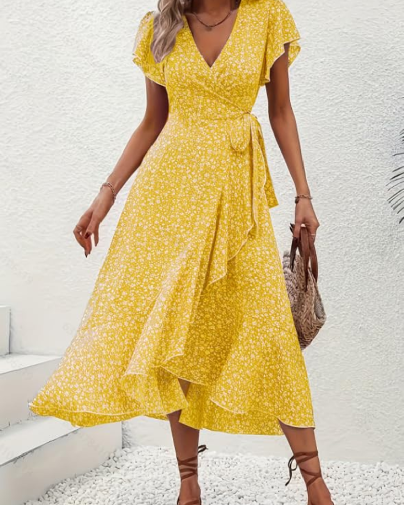Celeste Women's Floral Midi Dress – V-Neck Flutter Sleeve Empire Waist Summer Dress