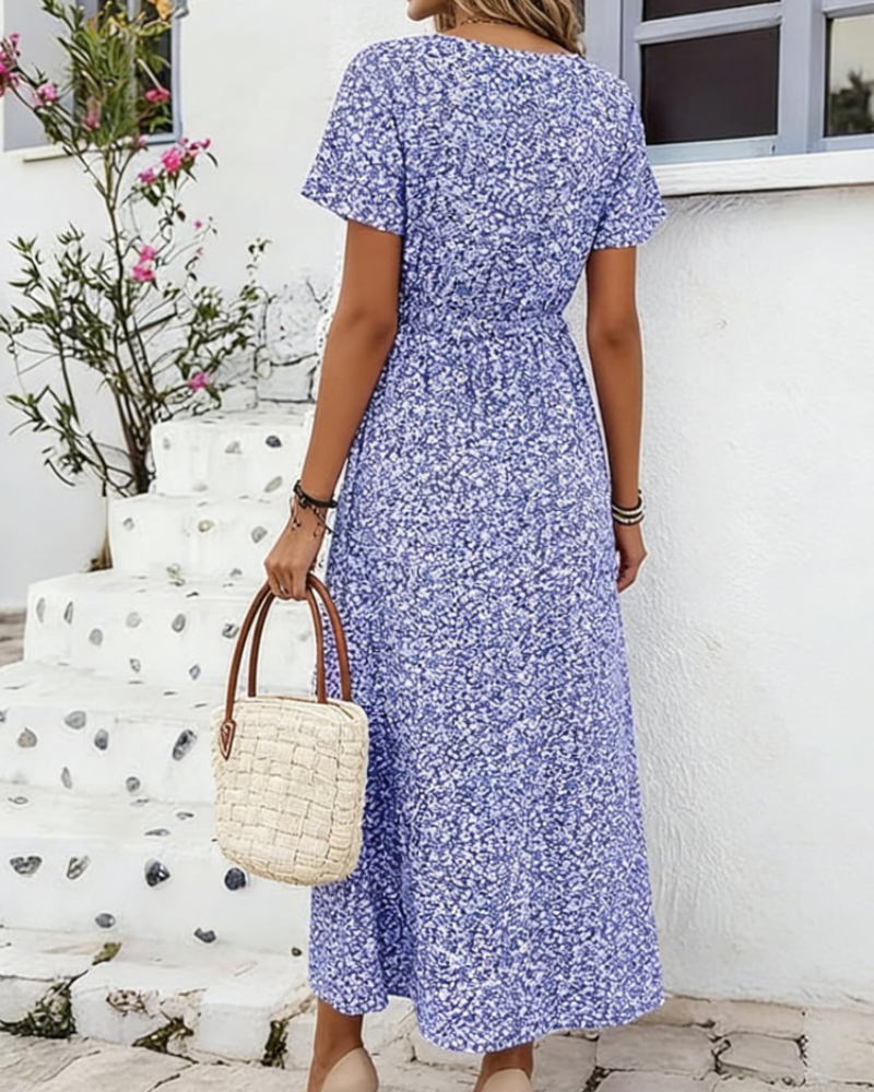 Rowena Women's V-Neck Dress – Short Sleeve Elegant Summer Party & Office Dress