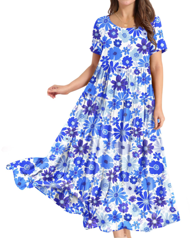 Faun Women's Floral Dress – Plus Size Boho Short Sleeve Summer Dress with Pockets