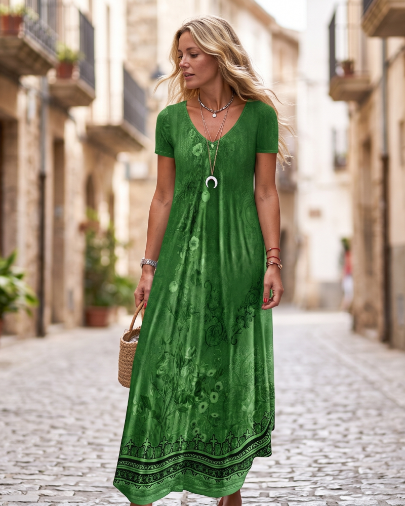 Colette Women's Resort Dress – V-Neck Short Sleeve Flowy Summer Dress