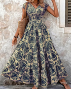 Valerie Women's Retro Print Maxi Dress – Elegant V-Neck Short Sleeve Long Dress