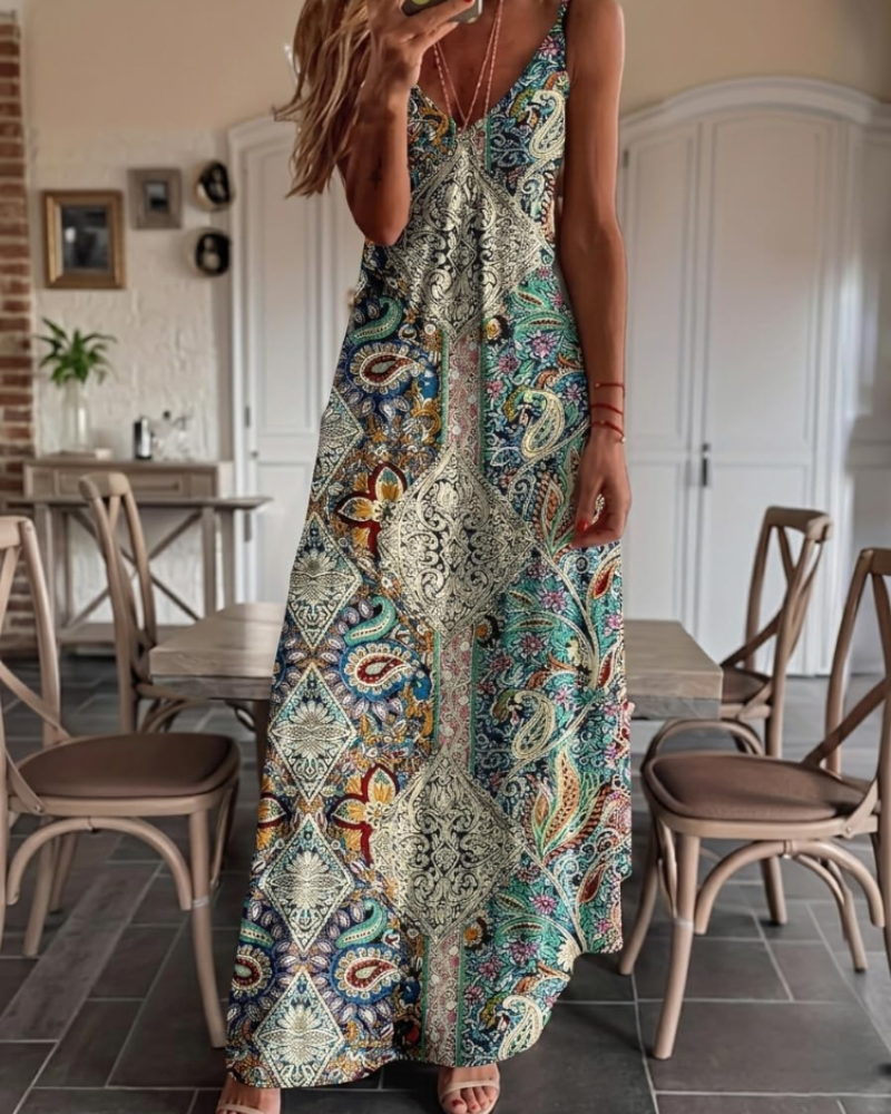 Lorelei Women's Boho Dress – V-Neck Sleeveless Vintage Print Summer Party Dress