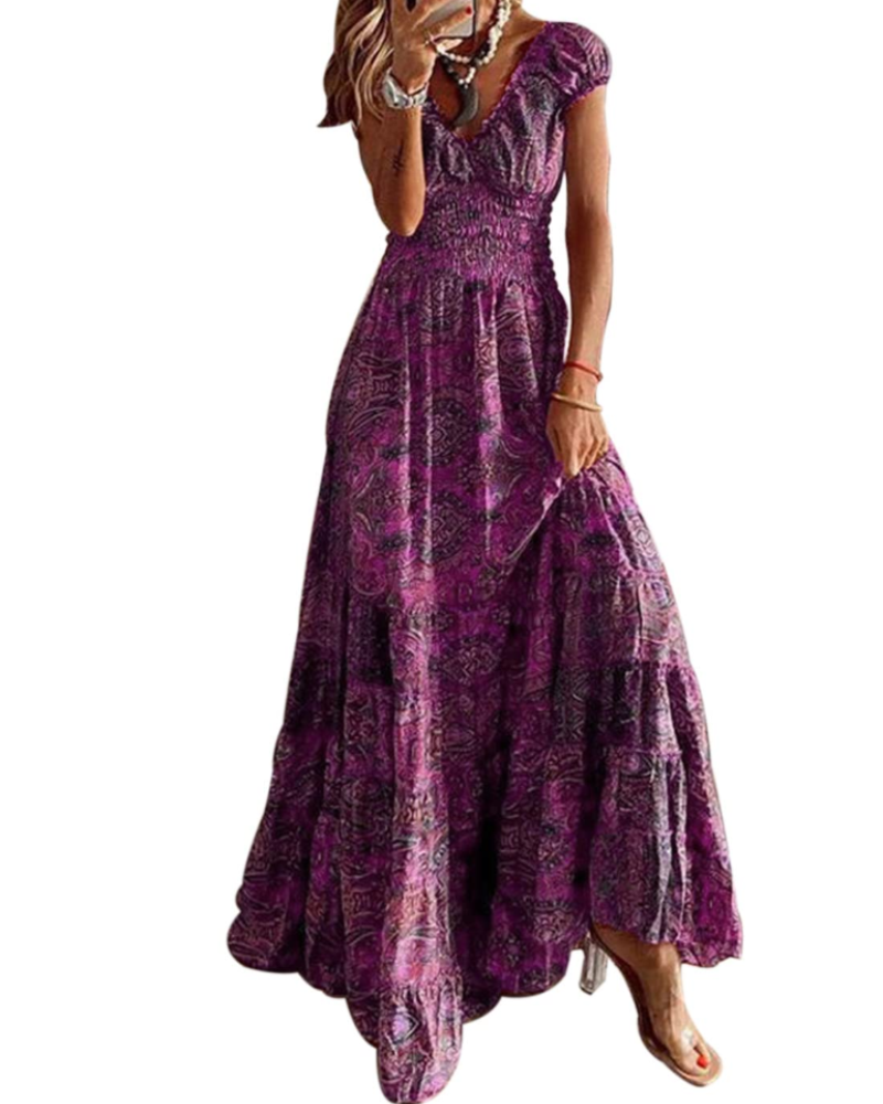 Olivia Women's Maxi Dress – Bohemian Floral V-Neck Summer Beach Dress