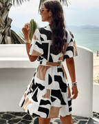 Estelle Women's Tie Waist Dress – V-Neck Short Sleeve Button Detail Summer Dress