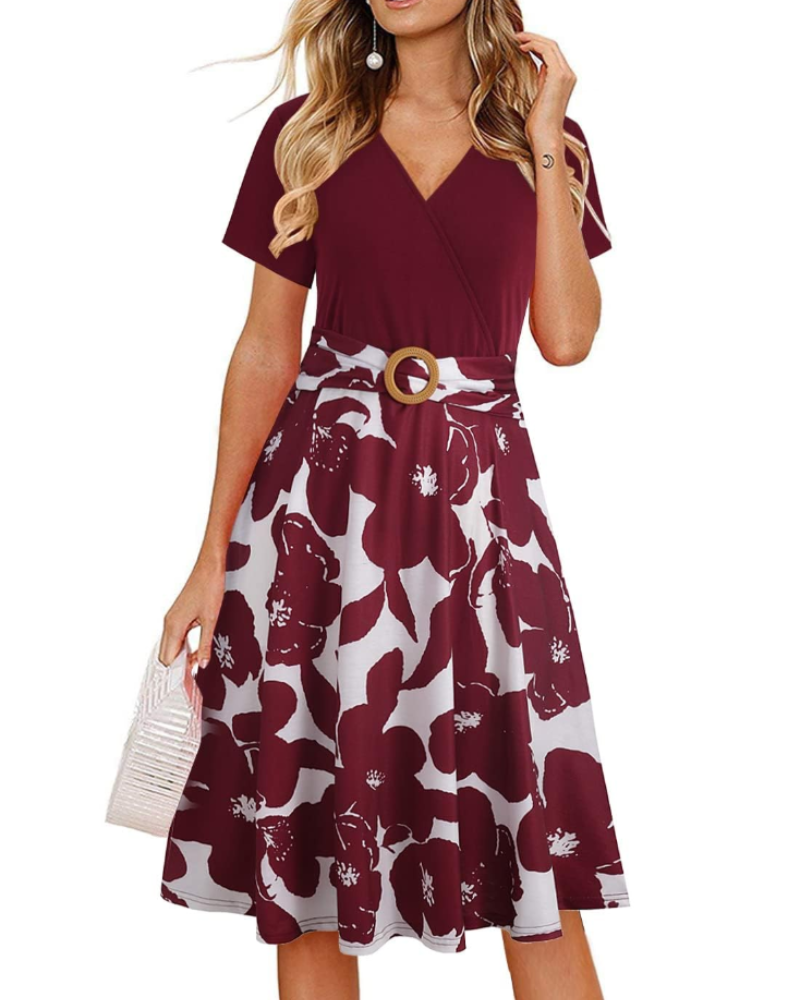 Natalie Women's Midi Dress – Deep V-Neck Short Sleeve Dress with Pockets