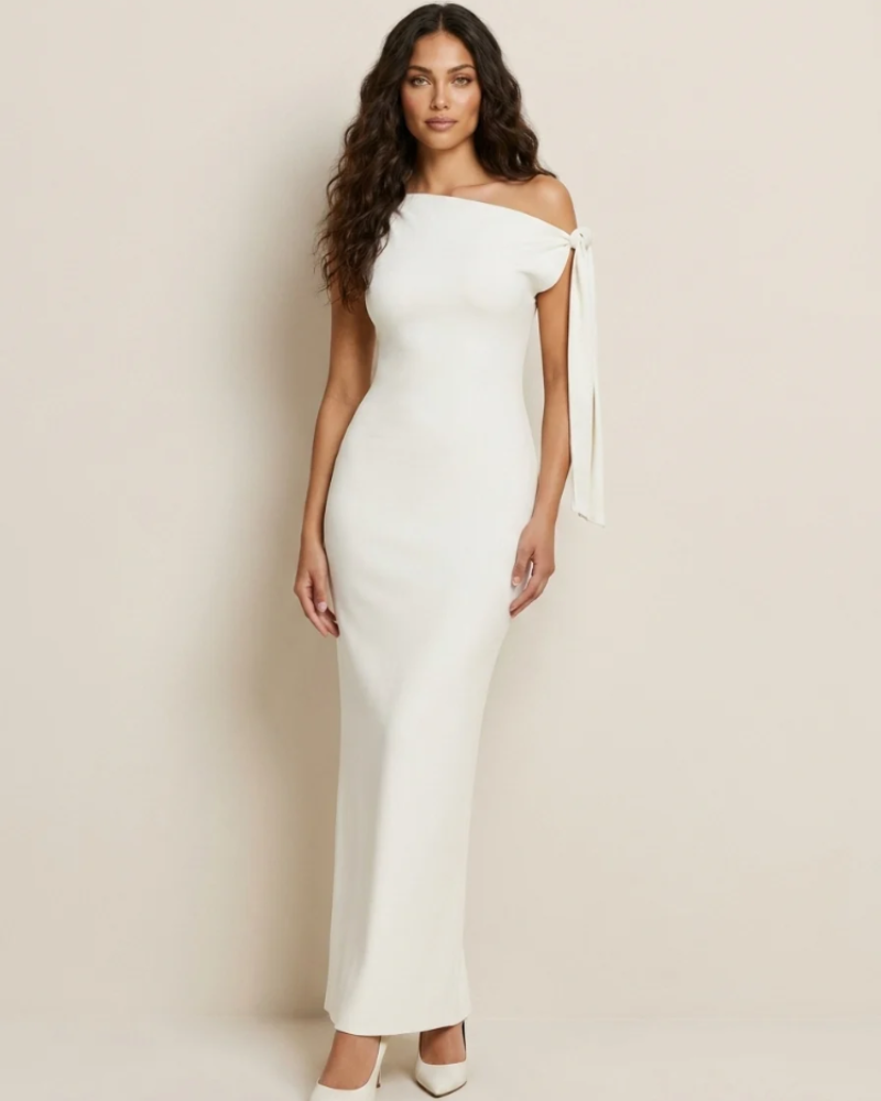 Honoria Women's One-Shoulder Evening Dress – Maxi Bow Formal Occasion Gown