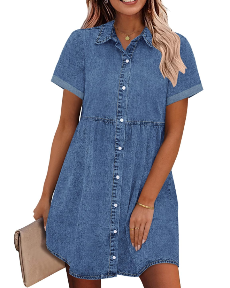 Emma Women's Denim Shirt Dress – Babydoll Button Down Tiered Jean Dress