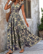 Valerie Women's Retro Print Maxi Dress – Elegant V-Neck Short Sleeve Long Dress