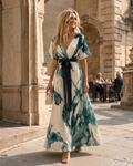 Valentina Women’s Maxi Dress – Green Cream Wrap Neck Dress with Waist Tie