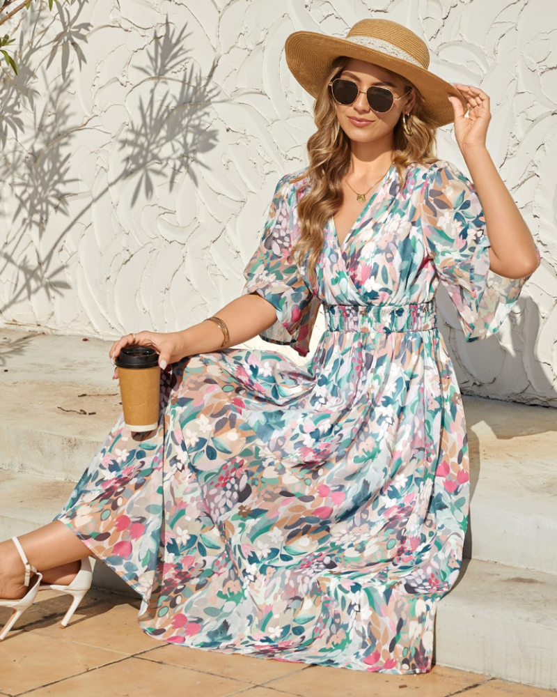 Olivia Women's Bohemian Maxi Dress – Floral V-Neck High Waist Summer Dress
