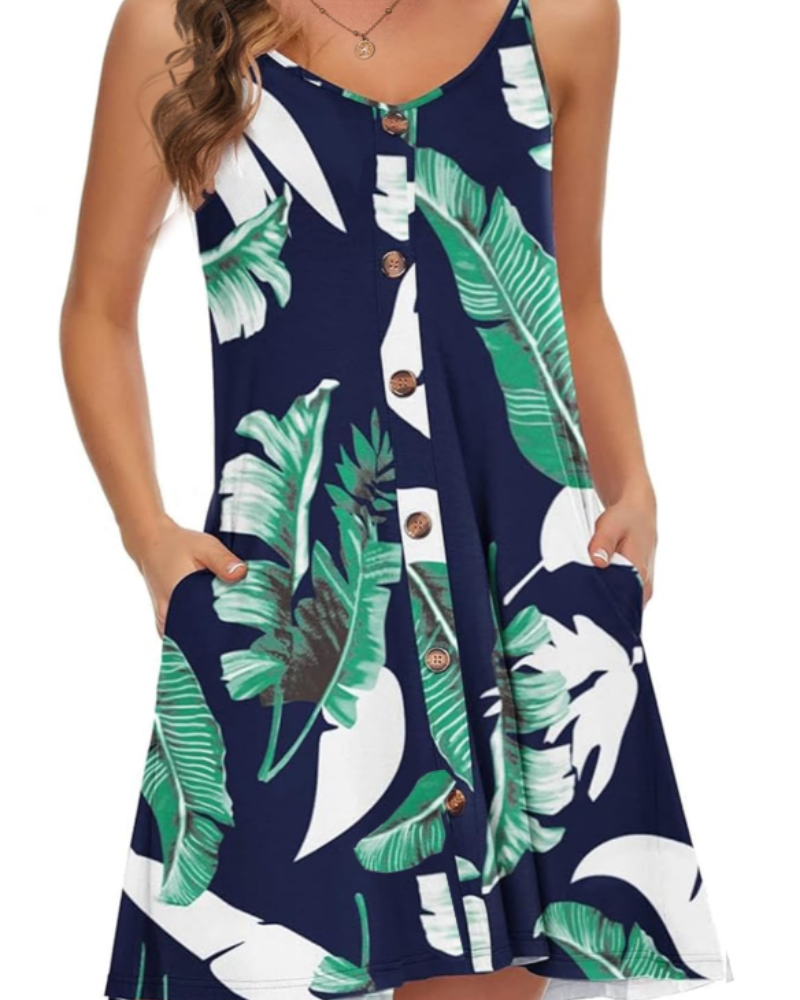 Mia Women's Beach Dress – Spaghetti Strap Button Down Mini Dress with Pockets