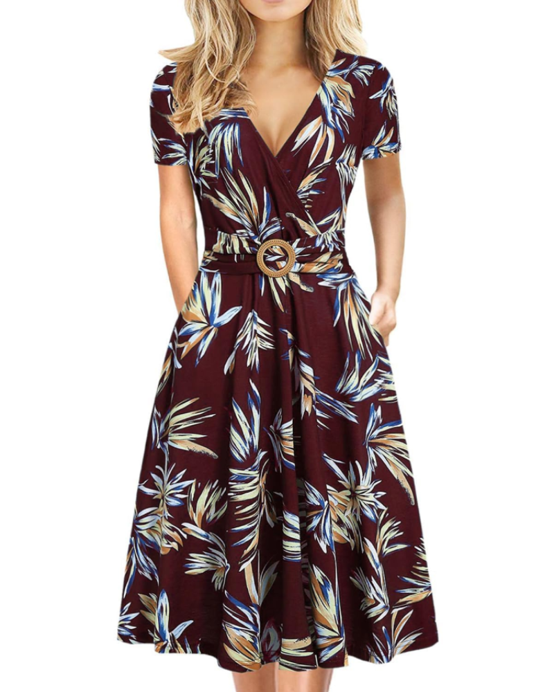 Natalie Women's Midi Dress – Deep V-Neck Short Sleeve Dress with Pockets