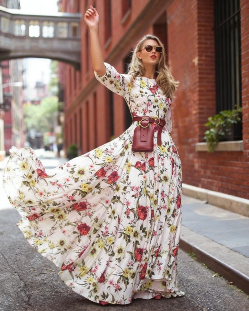 Vivienne Women's Floral Chiffon Dress – Boho Round Neck Flowy Summer Dress