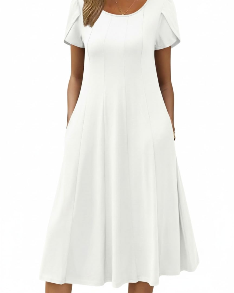 Emma Women's Midi Dress – A-Line Short Sleeve Summer Dress with Pockets