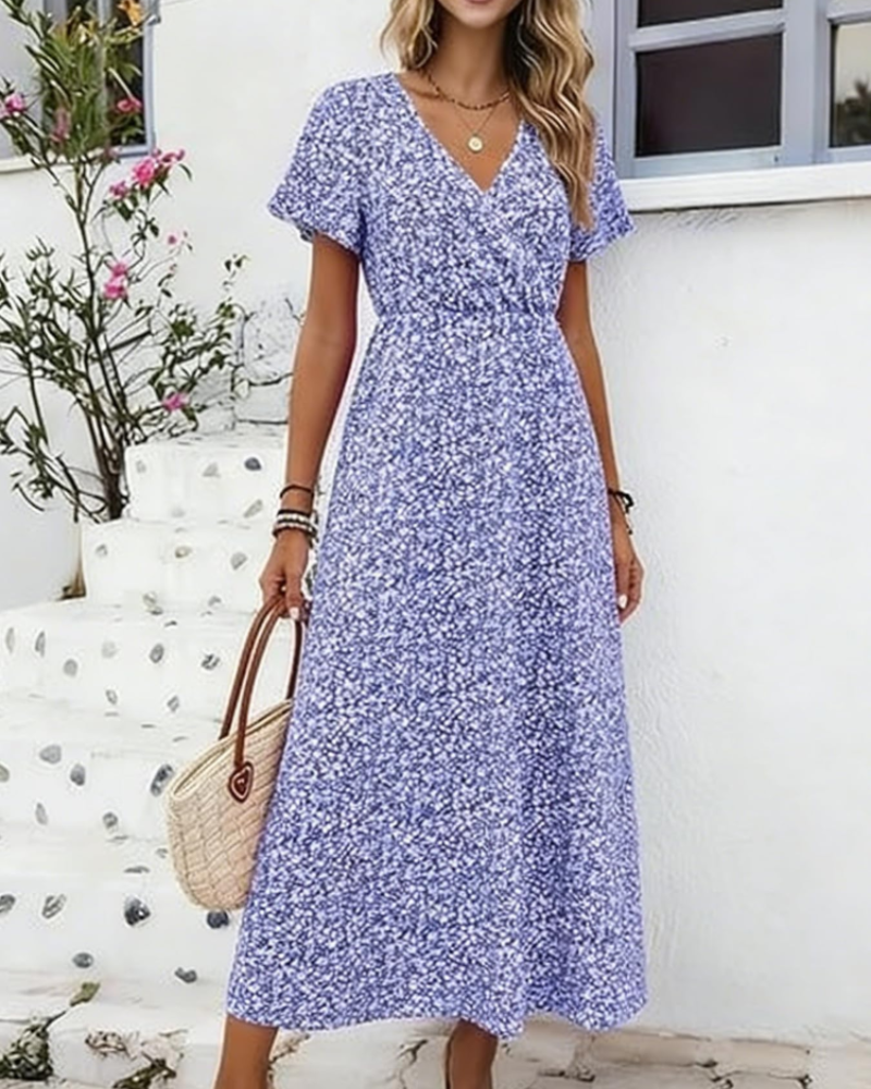 Rowena Women's V-Neck Dress – Short Sleeve Elegant Summer Party & Office Dress