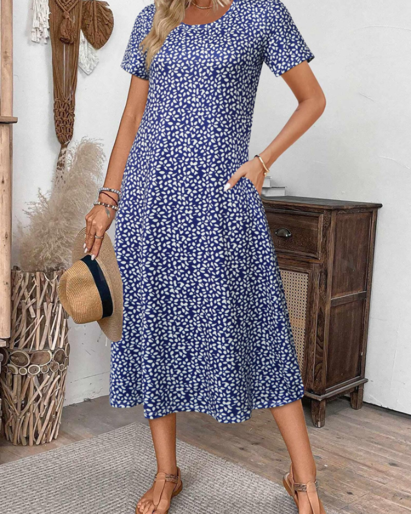 Briony Women's Floral Midi Dress – Short Sleeve Round Neck Casual Summer Dress