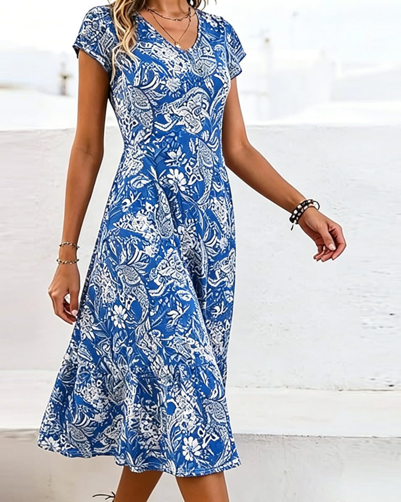 Geneva Women's Floral Midi Dress – V-Neck Short Sleeve A-Line Summer Dress