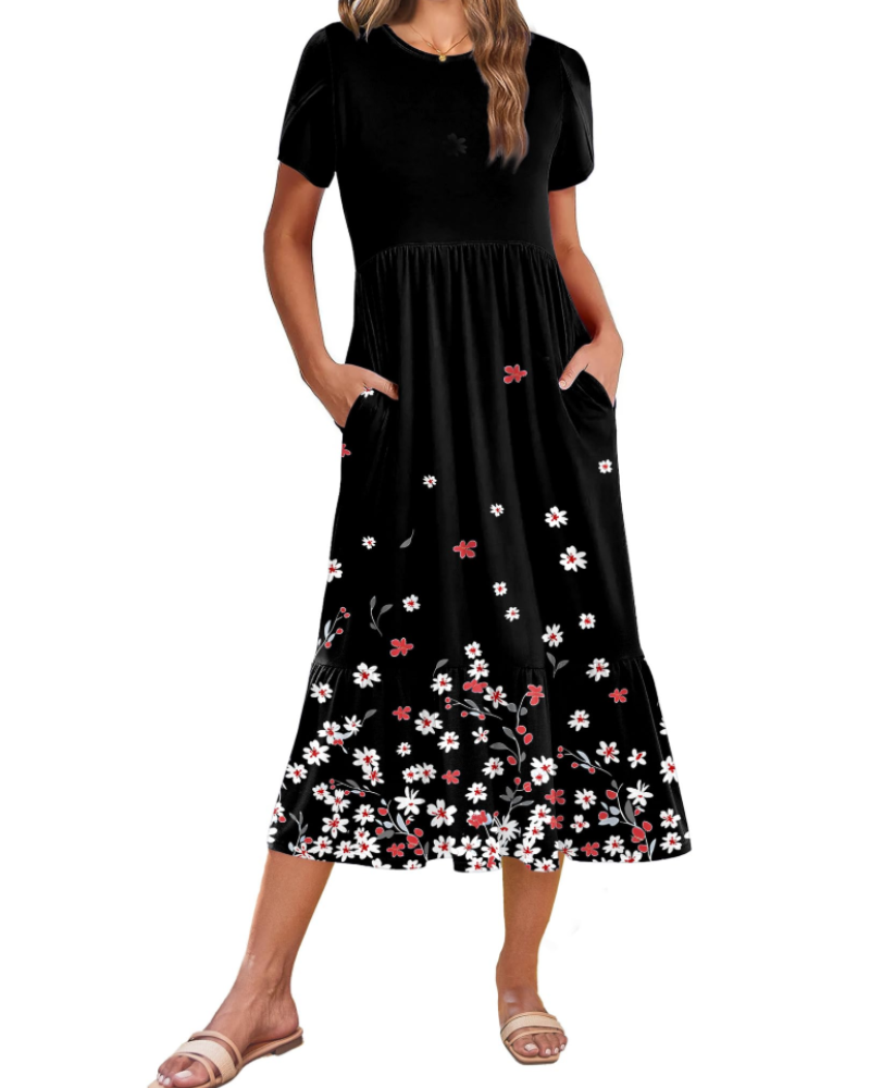 Emily Women's Tiered Midi Dress – A-Line Summer Sundress with Pockets