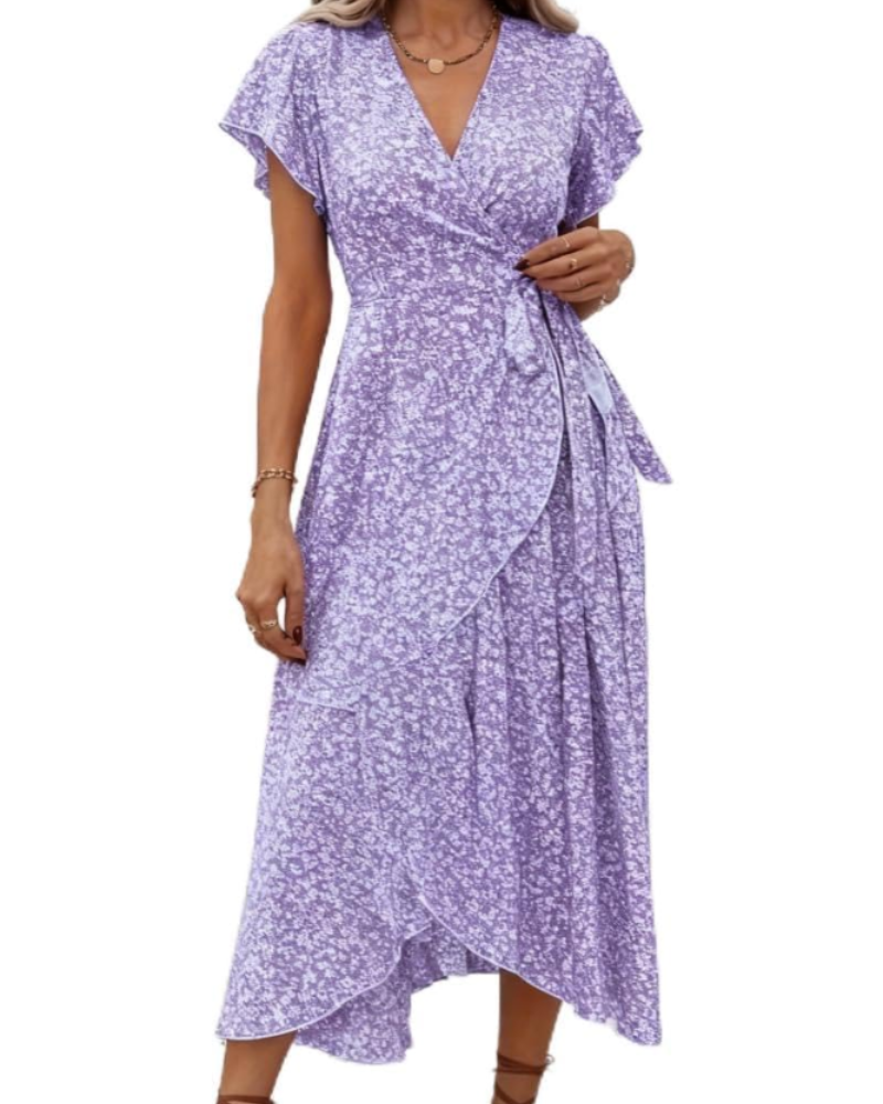Celeste Women's Floral Midi Dress – V-Neck Flutter Sleeve Empire Waist Summer Dress