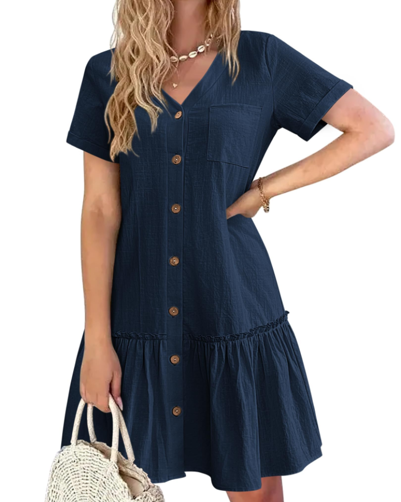 Emma Women's Cotton Linen Dress – V-Neck Button Knee-Length Summer Dress