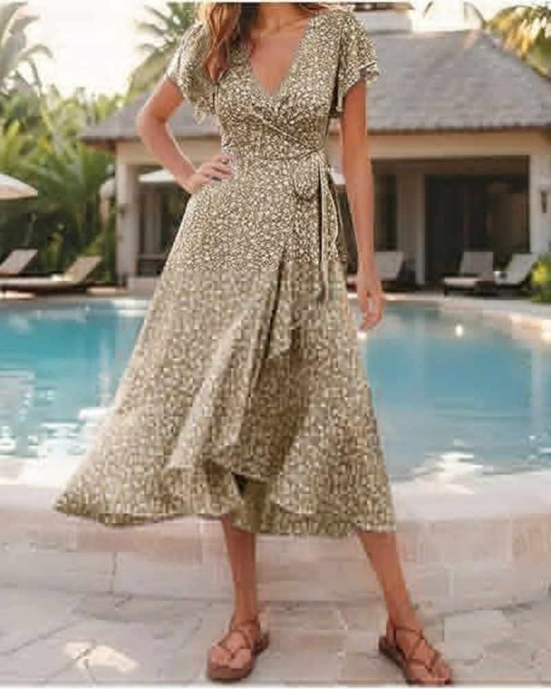 Lillian Women's Floral Maxi Dress – V-Neck A-Line Boho Wrap Dress with Ruffle Sleeves
