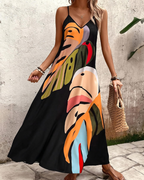 Rosalind Women's Leaf Print Dress – V-Neck Sleeveless Boho Summer Beach Dress