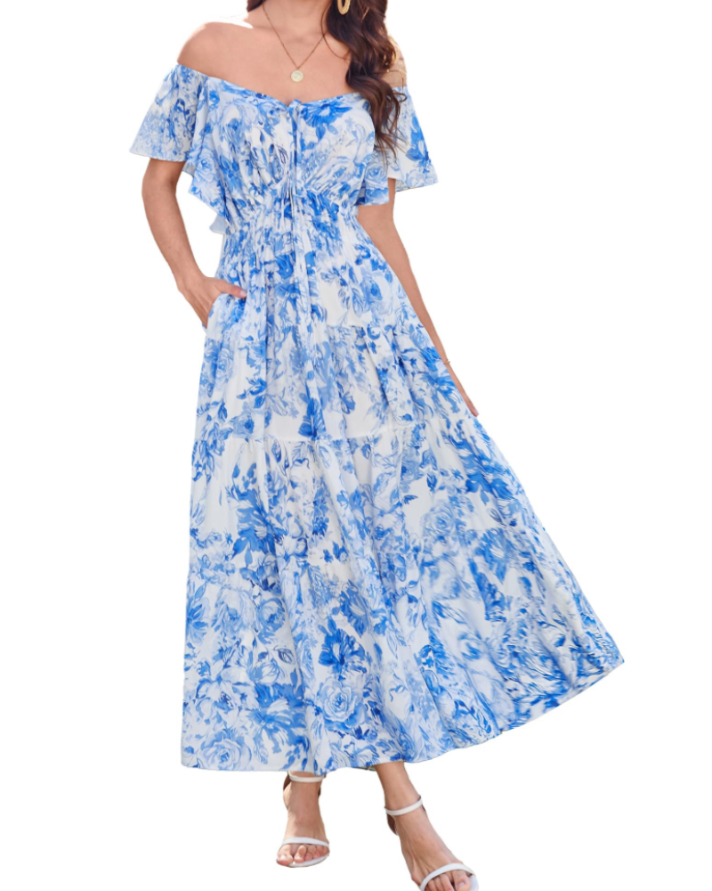 Isabella Women's Floral Maxi Dress – V-Neck Ruffle Sleeve Summer Dress