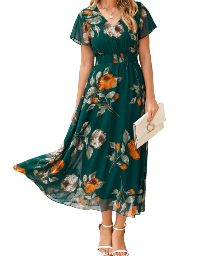 Isabella Women's Floral Maxi Dress – Boho V-Neck Wedding Guest Midi Dress