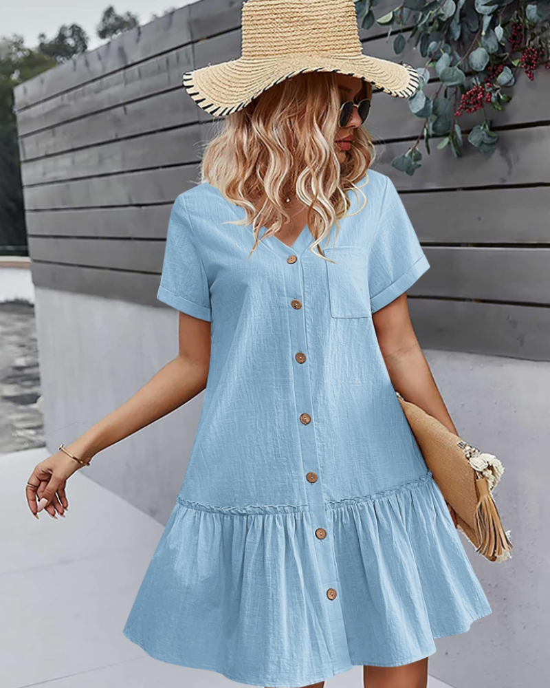 Emma Women's Cotton Linen Dress – V-Neck Button Knee-Length Summer Dress