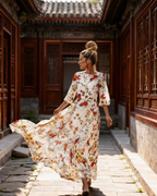Vivienne Women's Floral Chiffon Dress – Boho Round Neck Flowy Summer Dress