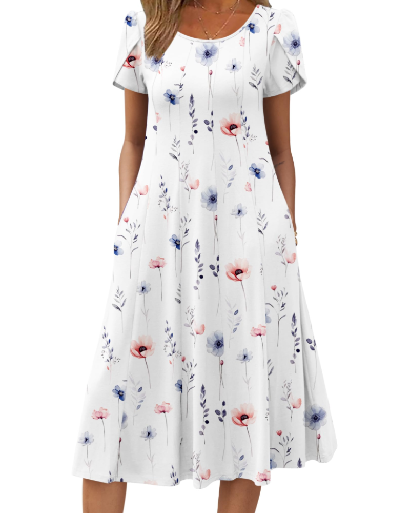 Emma Women's Midi Dress – A-Line Short Sleeve Summer Dress with Pockets