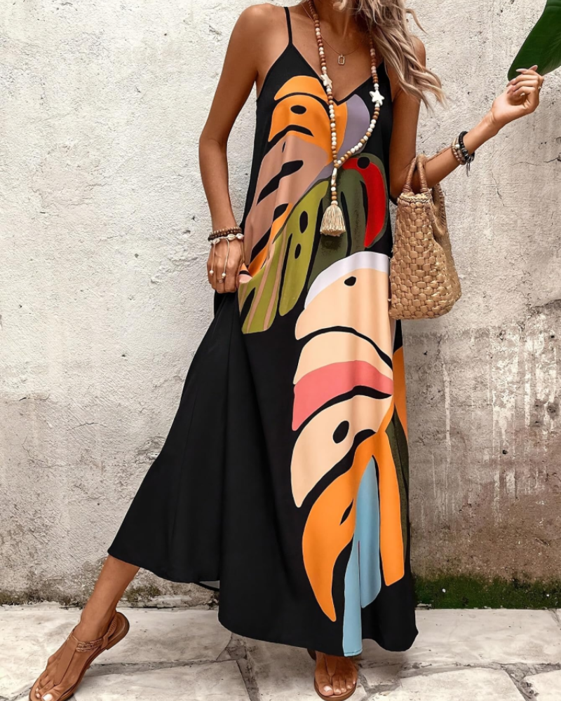 Rosalind Women's Leaf Print Dress – V-Neck Sleeveless Boho Summer Beach Dress