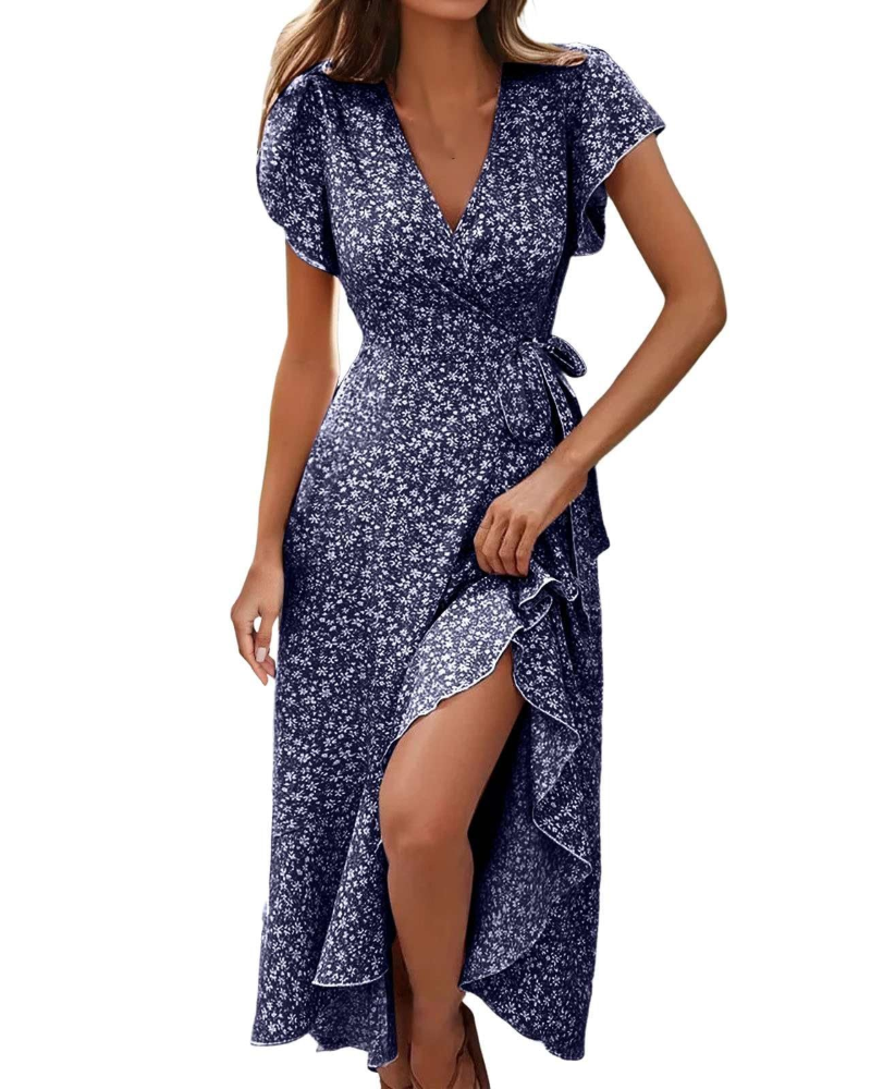 Celeste Women's Floral Midi Dress – V-Neck Flutter Sleeve Empire Waist Summer Dress