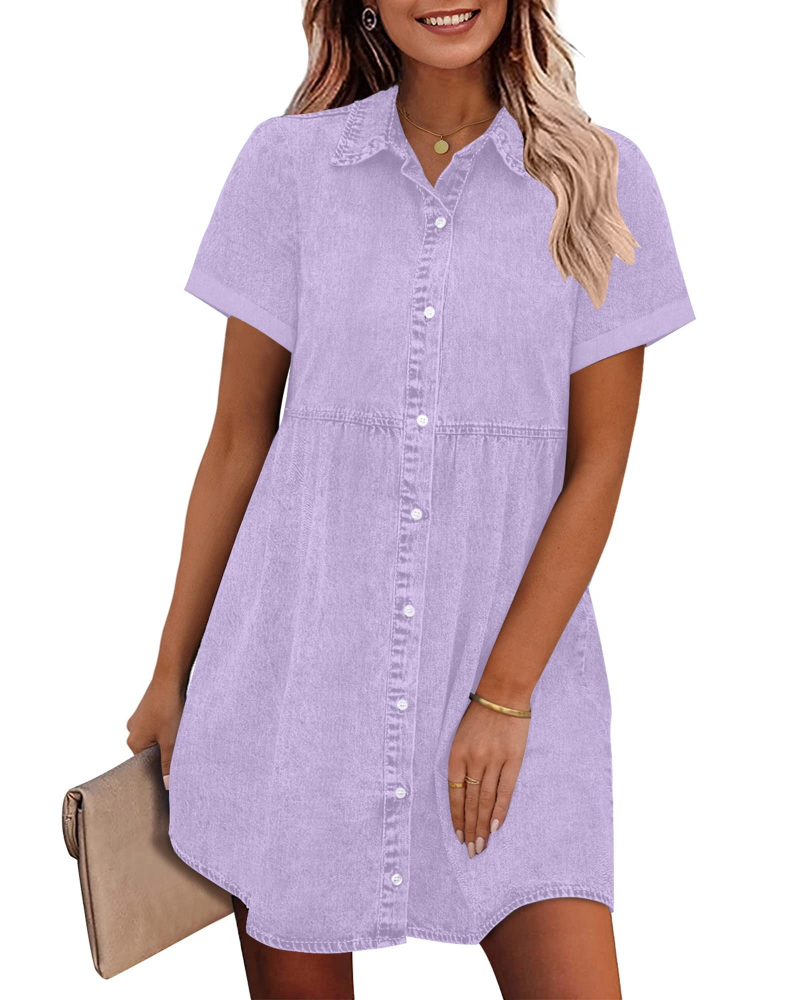 Emma Women's Denim Shirt Dress – Babydoll Button Down Tiered Jean Dress