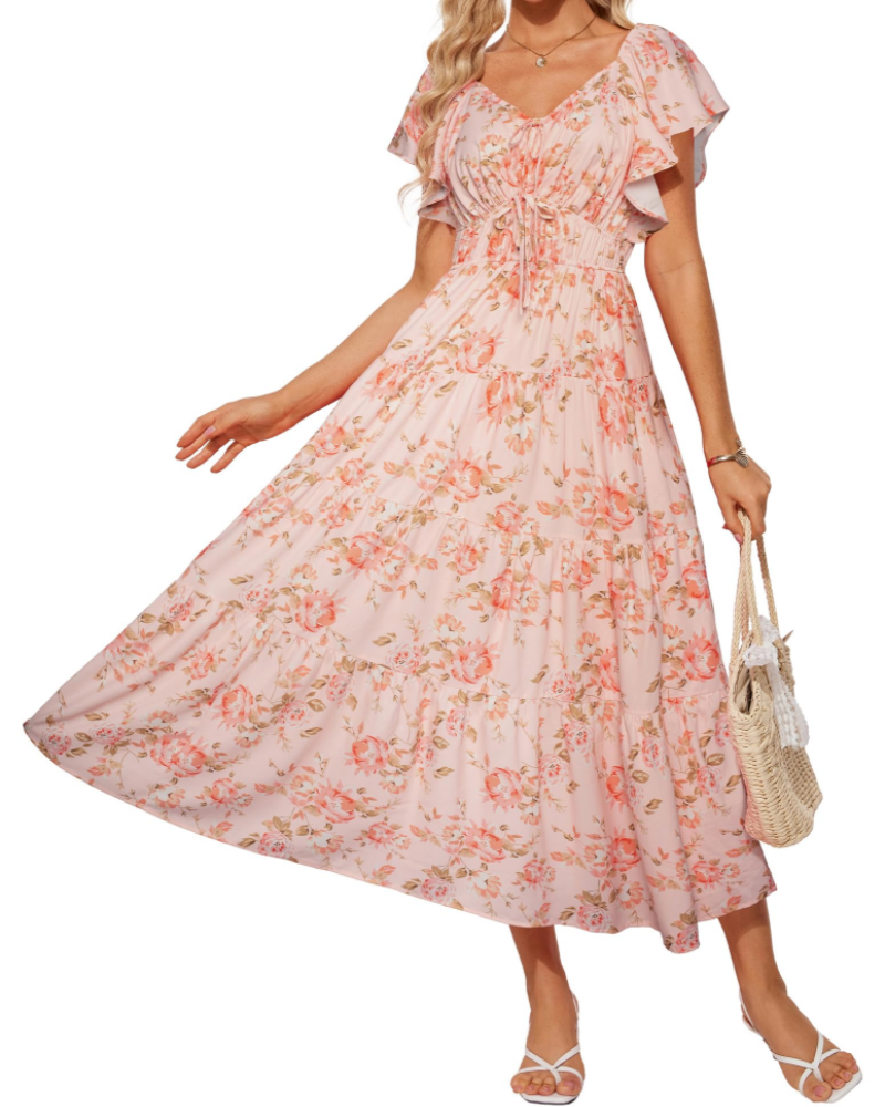 Isabella Women's Floral Maxi Dress – V-Neck Ruffle Sleeve Summer Dress