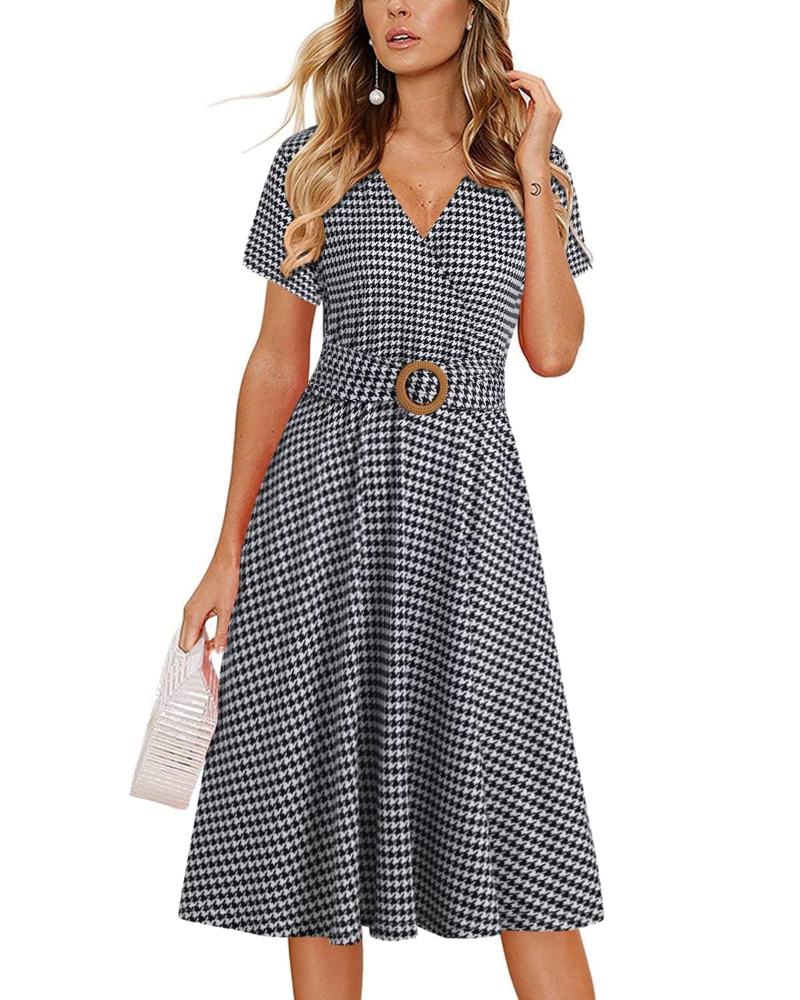 Natalie Women's Midi Dress – Deep V-Neck Short Sleeve Dress with Pockets